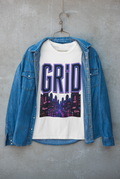 GRiD neon city white graphic tee on hanger with denim jacket