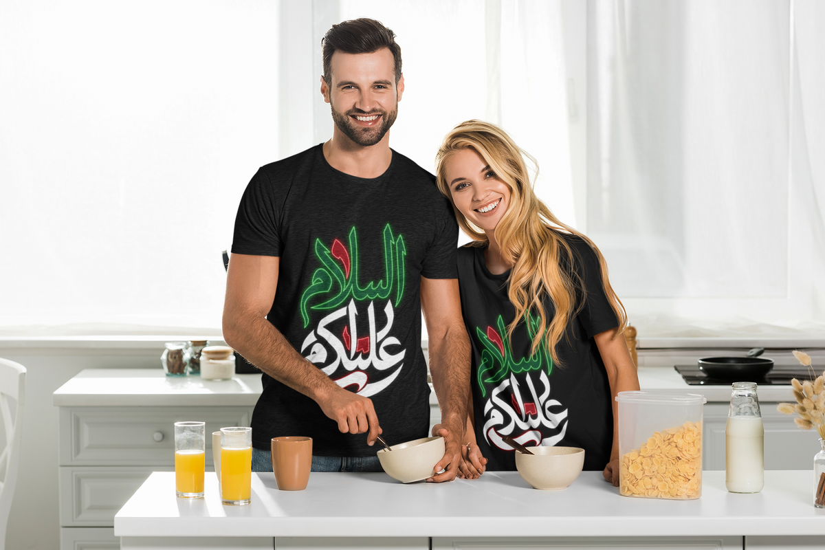 Peace Upon You Neon Tee - Black, couple wearing in kitchen