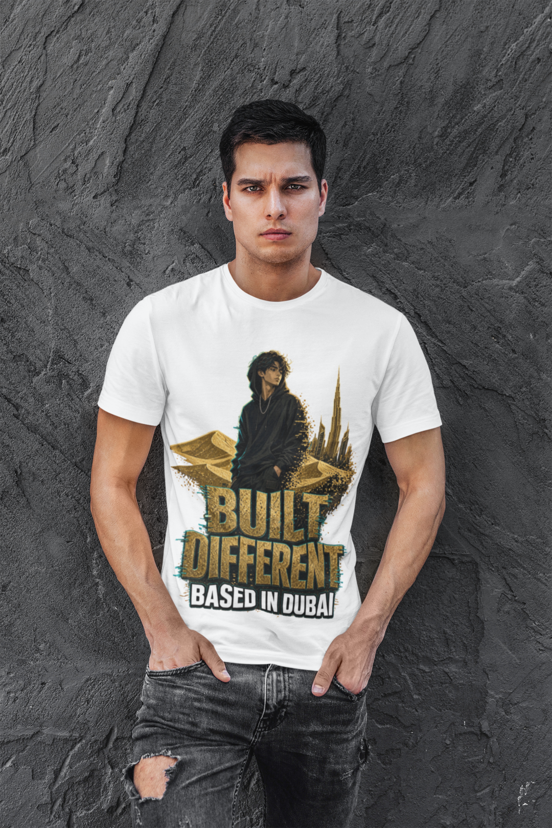 Built Different Dubai tee - White, male model against dark wall