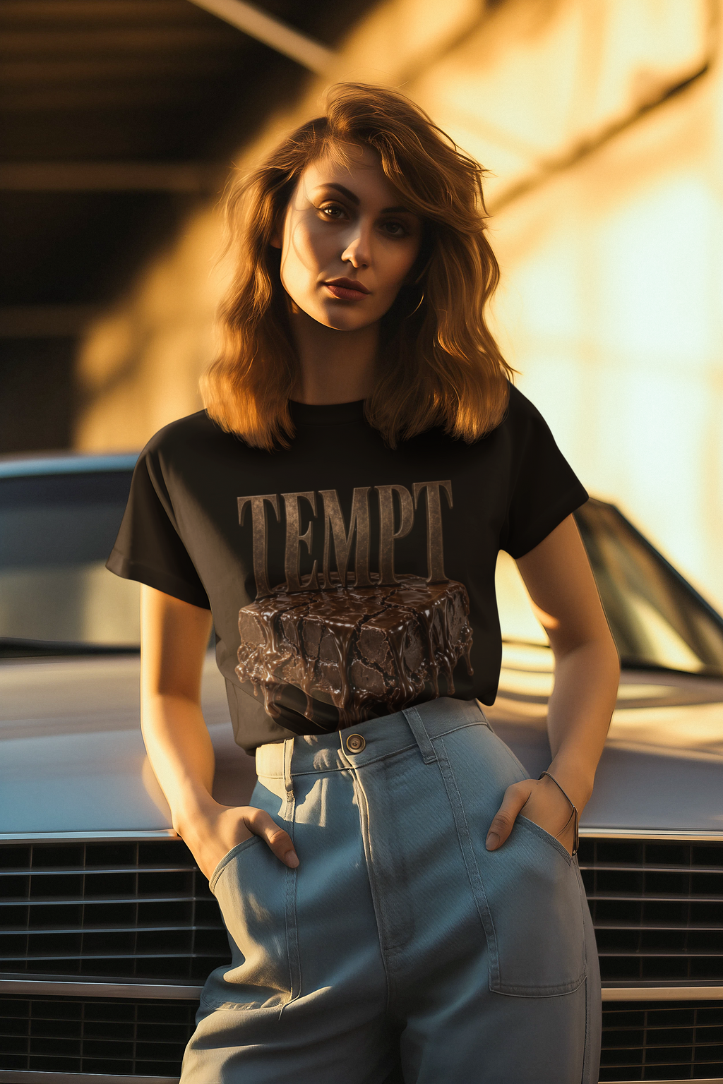 Tempt drip graphic tee white woman classic car