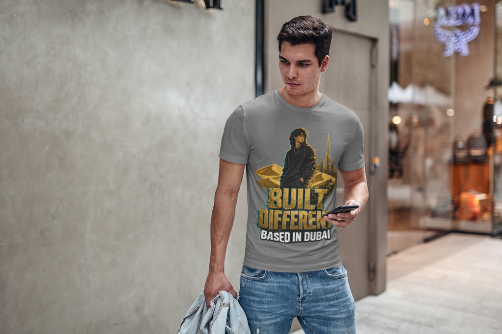 Built Different Dubai tee - Grey, male model in mall