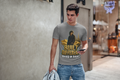 Built Different Dubai tee - Grey, male model in mall