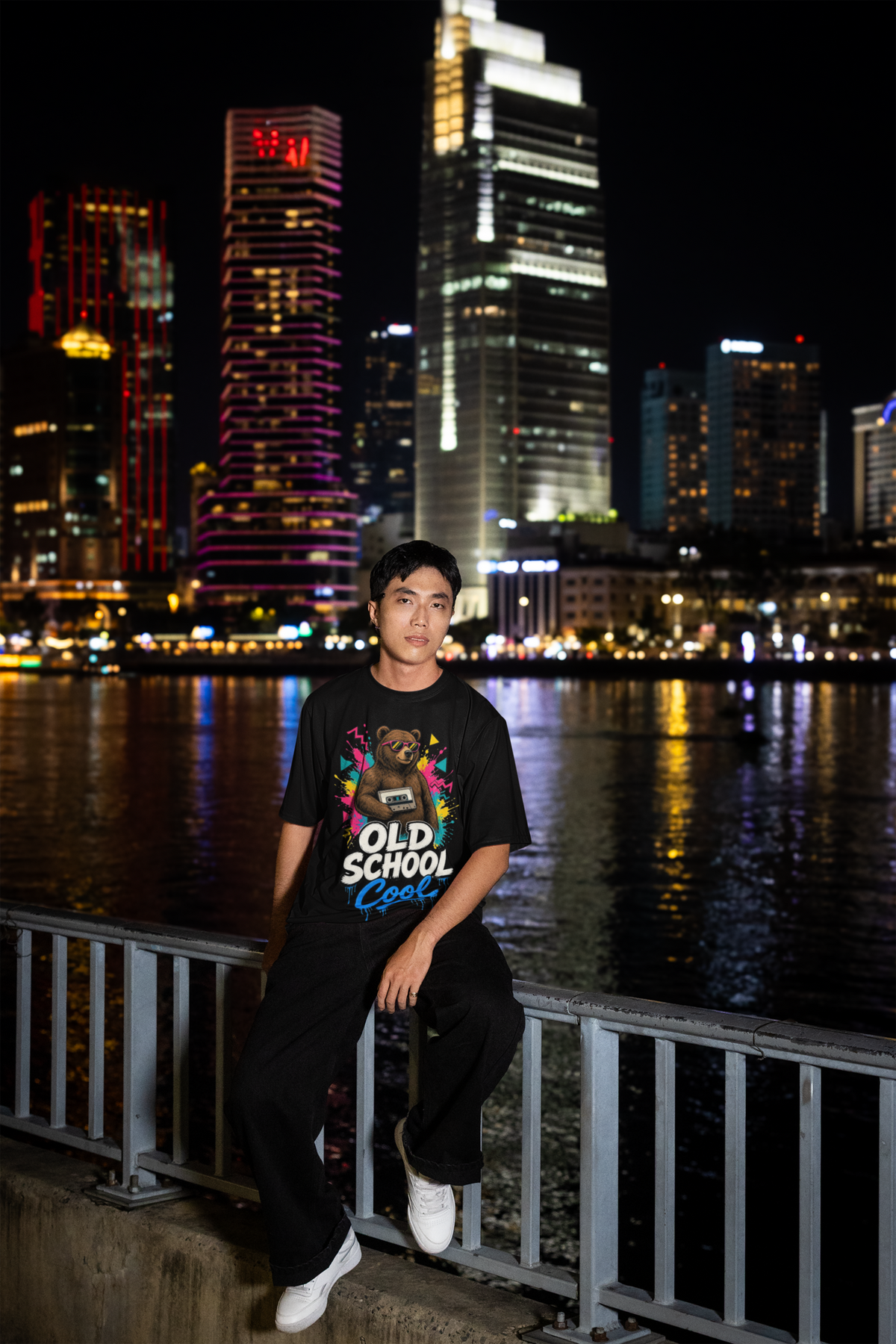 Old School Cool tee - White, male model city skyline at night