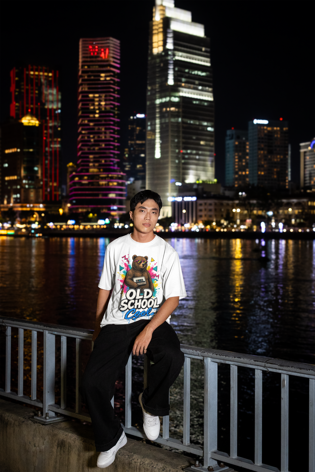 Old School Cool tee - Black, male model city skyline at night