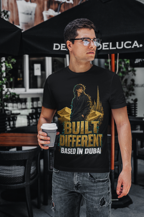 Built Different Dubai tee - Black, male model at cafe