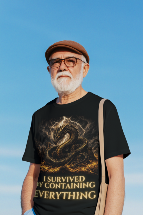 I Survived By Containing Everything - Senior man in Black tee against sky