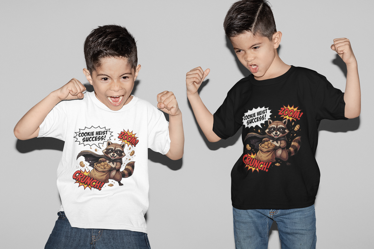 The Cookie Bandit T-Shirt - two boys making funny faces in Black and White
