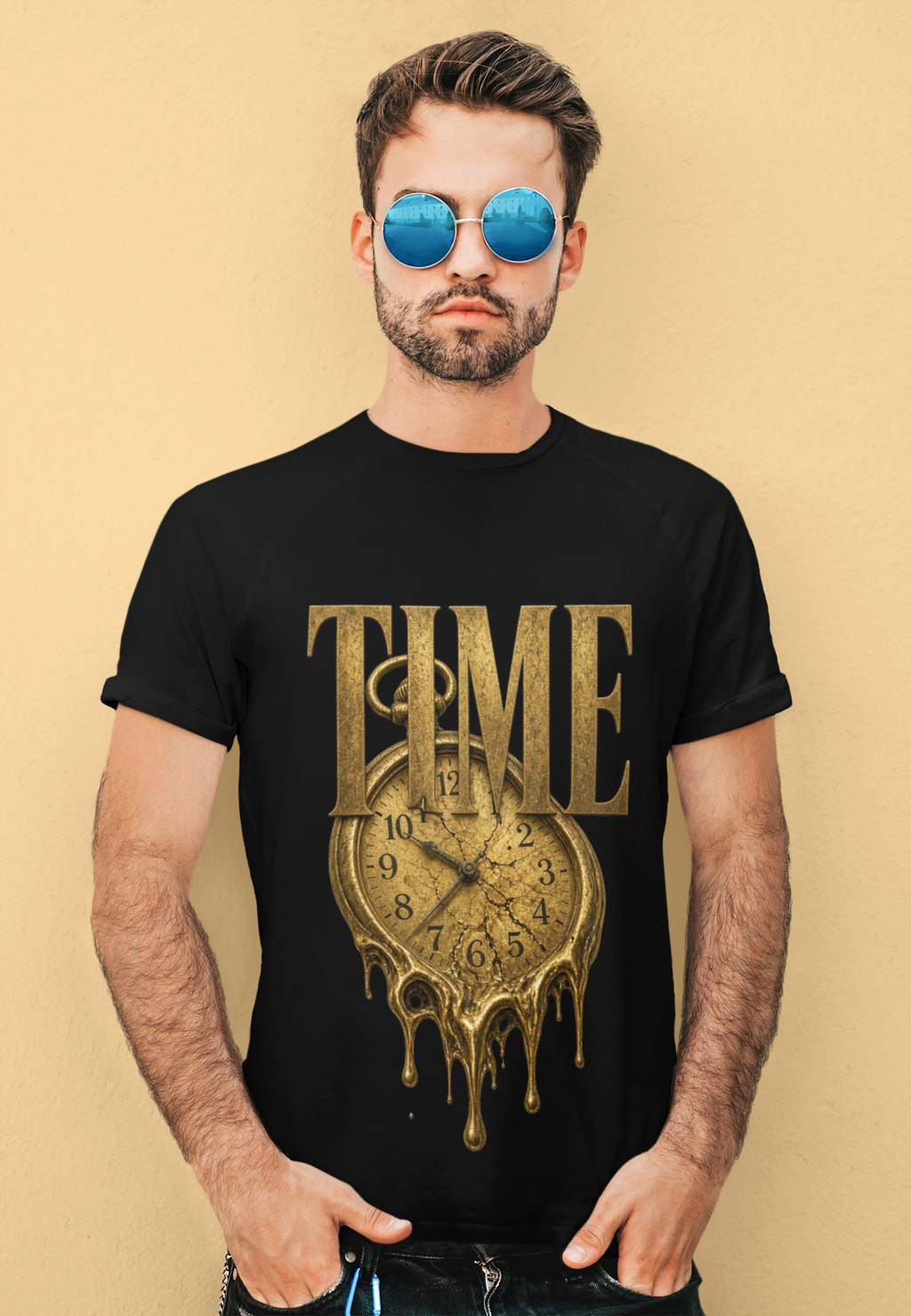 Time melting clock black men's graphic tee bearded man with sunglasses