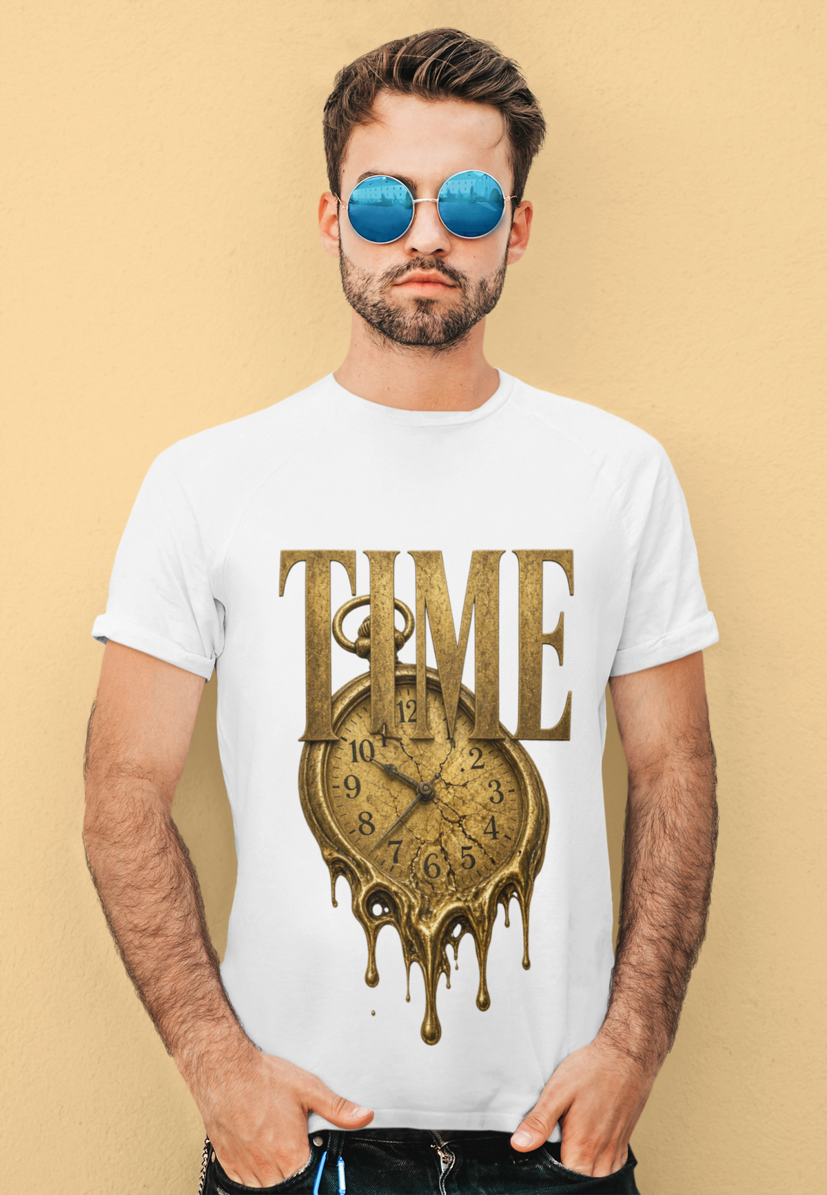 Time melting clock white men's graphic tee bearded man with sunglasses
