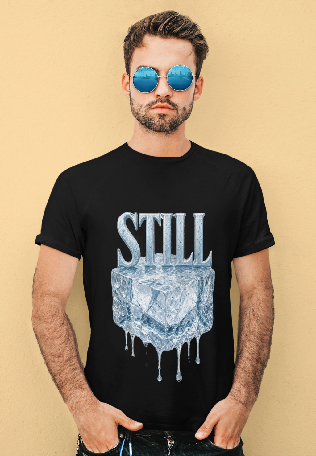 Still ice drip white men's graphic tee bearded man with sunglasses