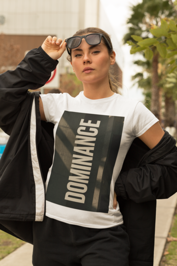 Dominance - Bold woman in White tee with sunglasses athleisure street style