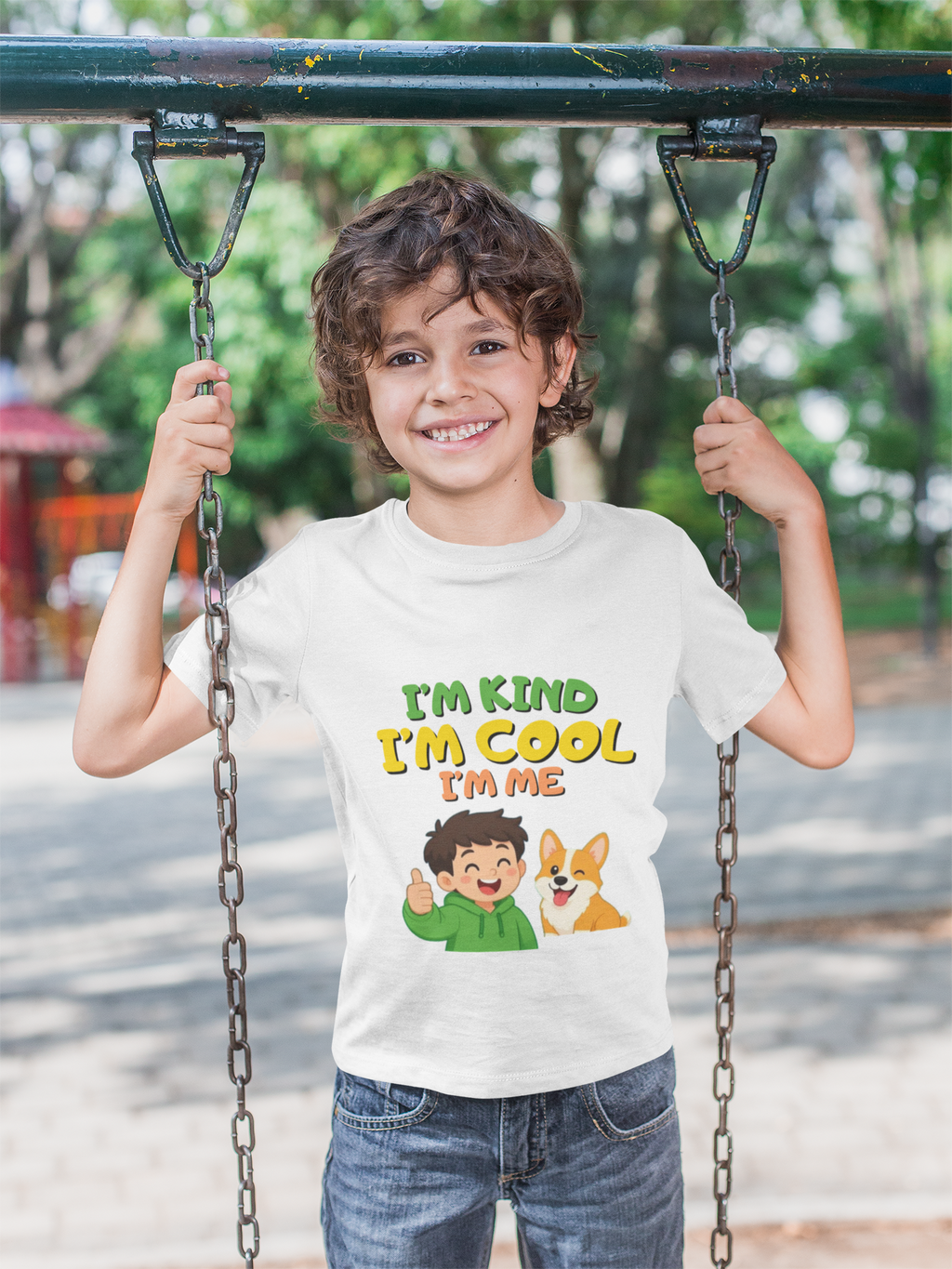 Mini Confidence Tee White - boy on swing at park
