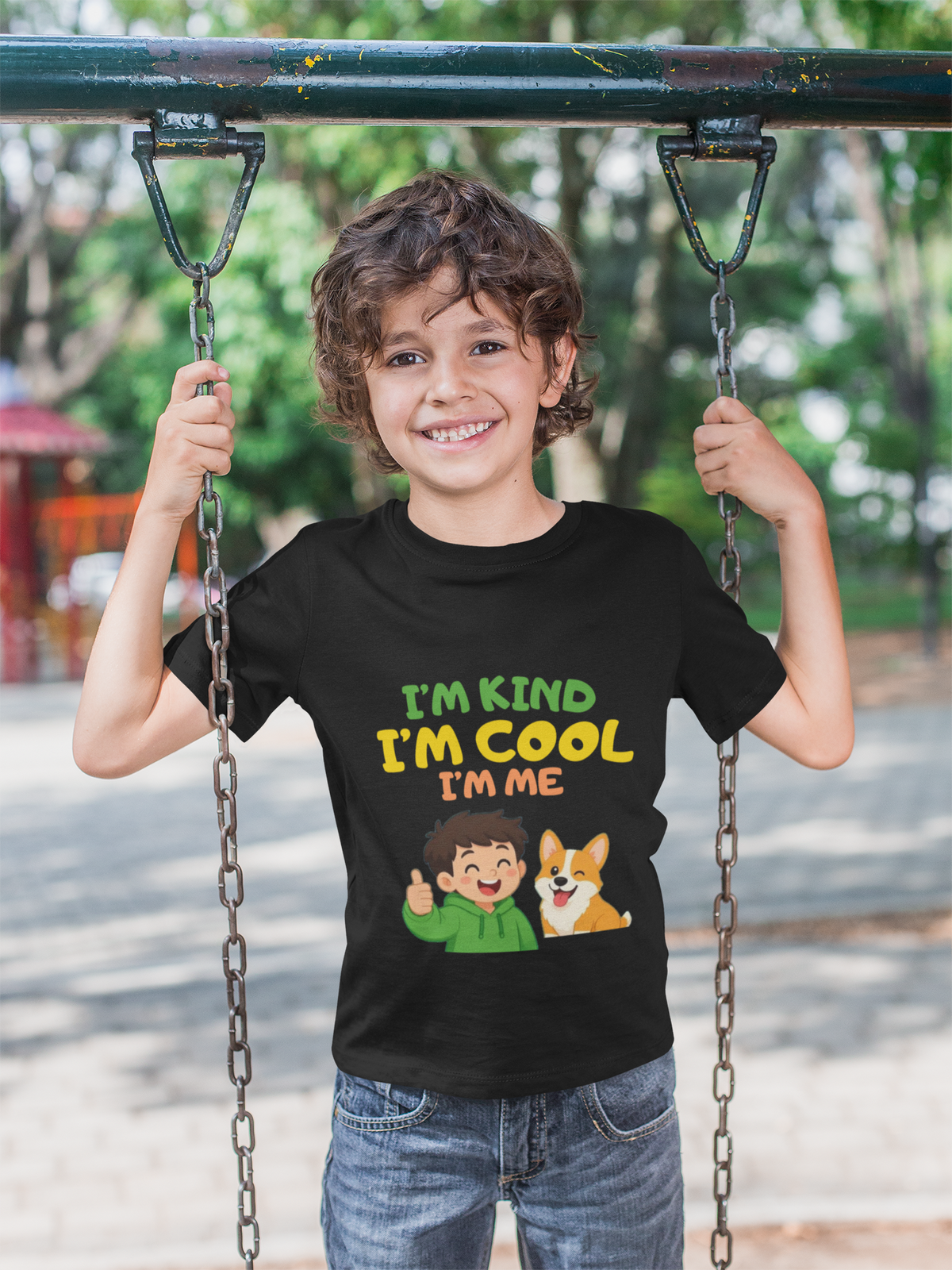 Mini Confidence Tee Black - boy on swing at park