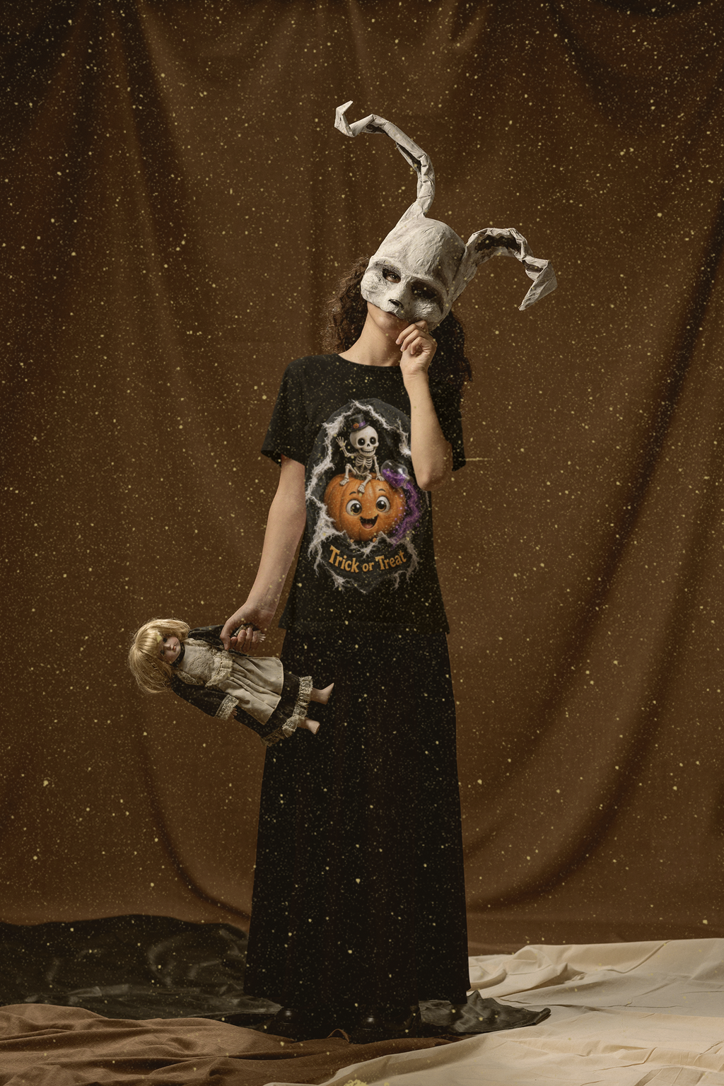 Trick or Treat Kids Halloween T-Shirt - creepy bunny mask mockup
