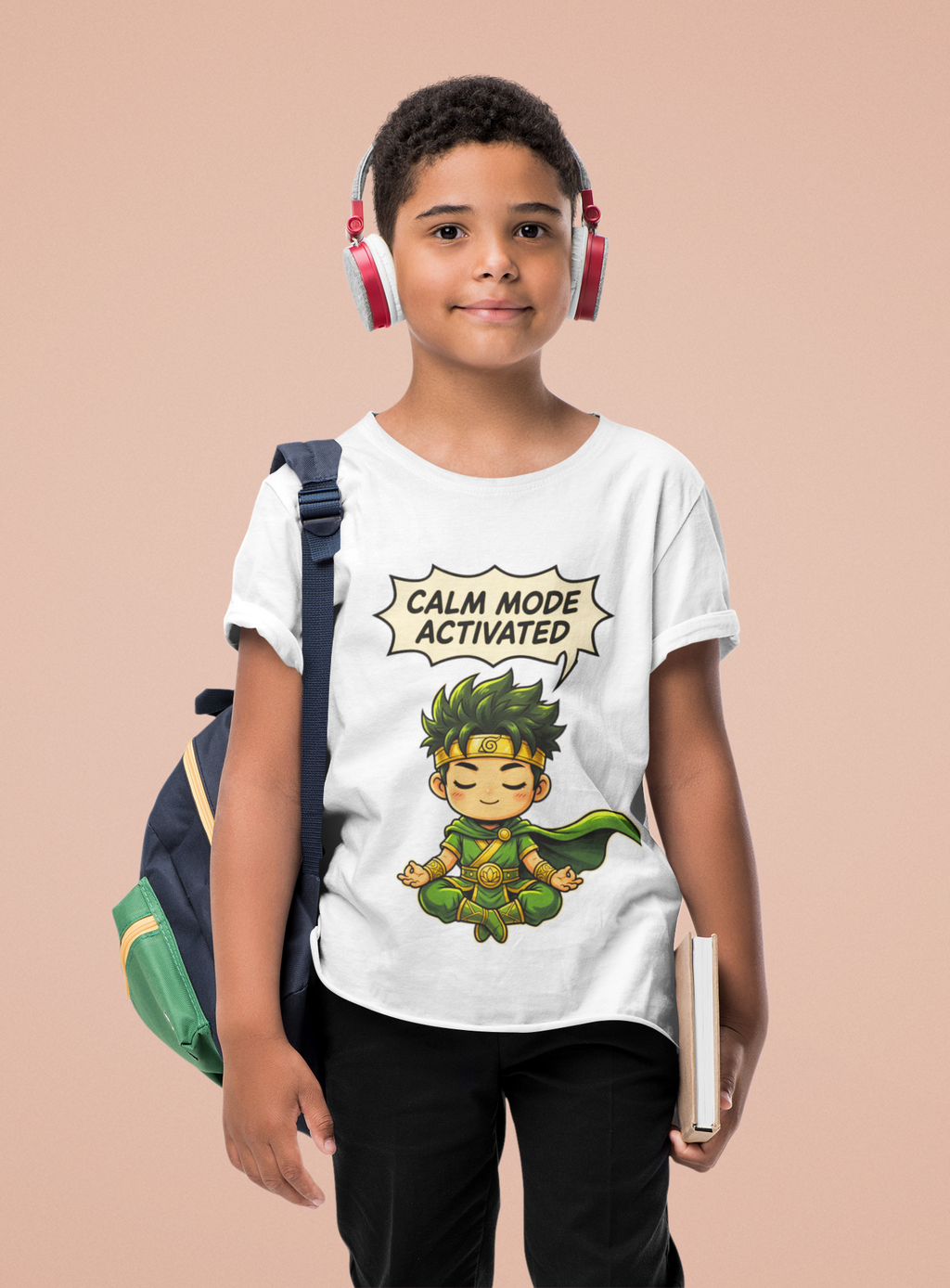 Mini Calm Mode T-Shirt Black - Kid with school bag