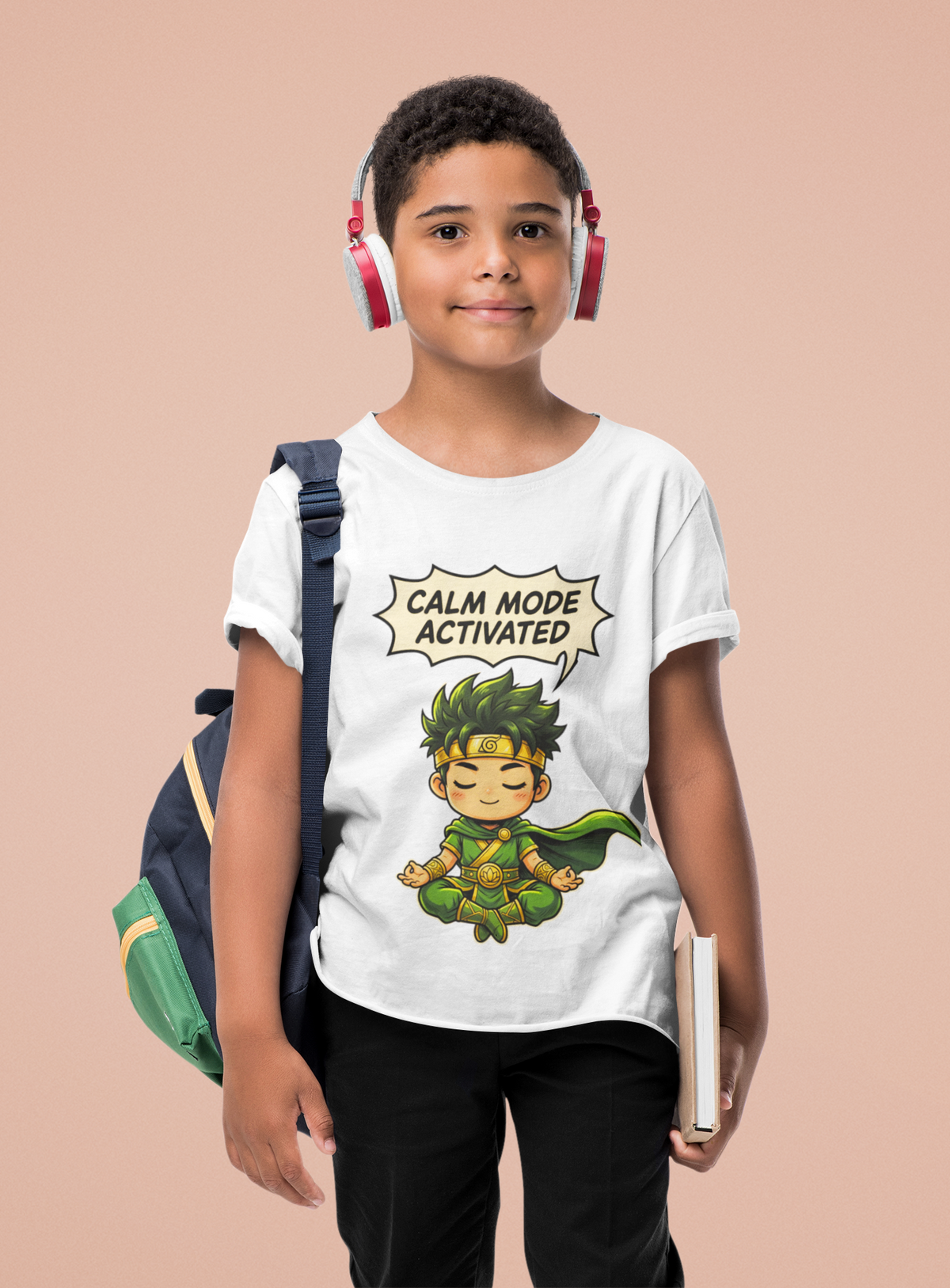 Mini Calm Mode T-Shirt Black - Kid with school bag