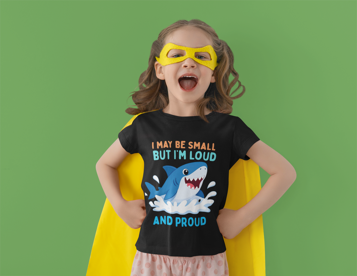 Mini Shark Energy T-Shirt Black - girl in superhero costume