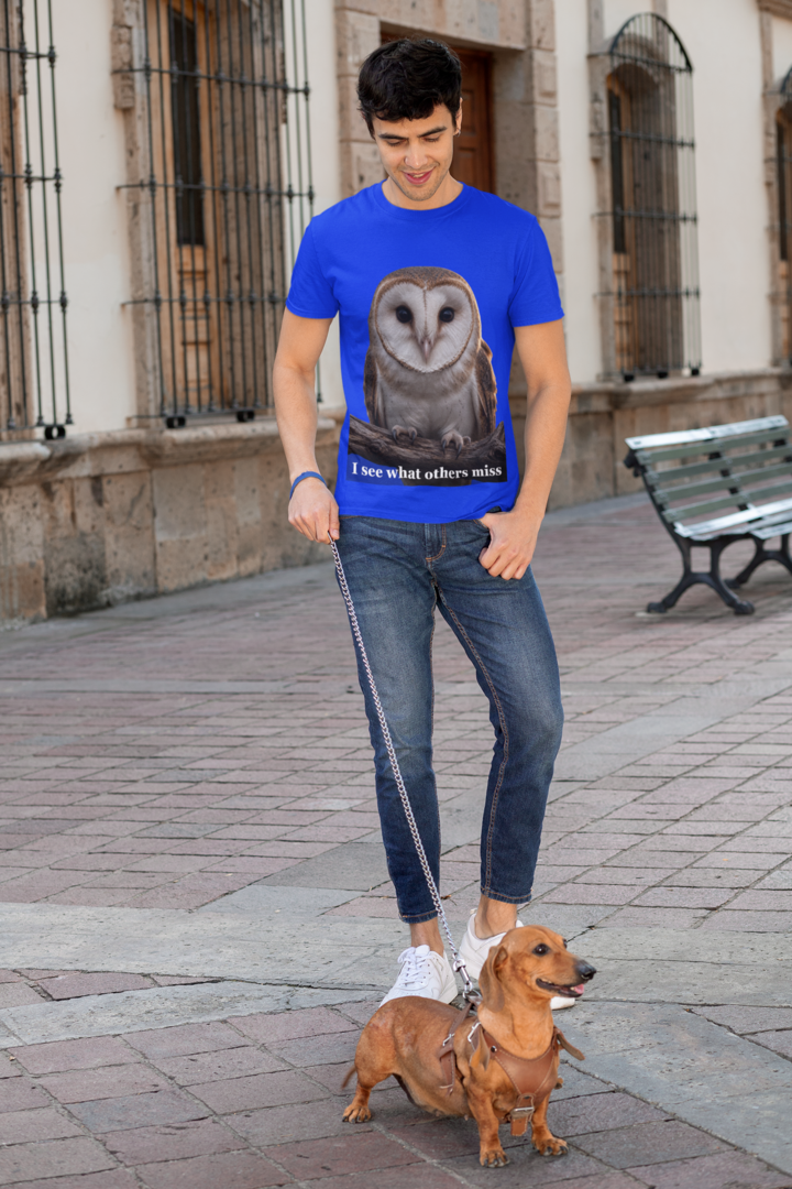 I See What Others Miss - Blue tee man walking dog
