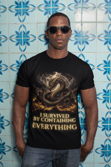 I Survived By Containing Everything - Man with sunglasses in Black tee blue tiles