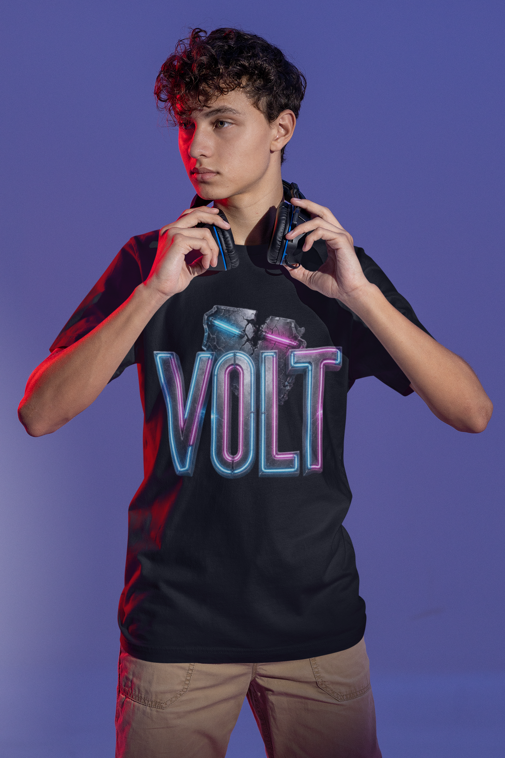 Volt neon gaming black graphic tee young gamer with headphones