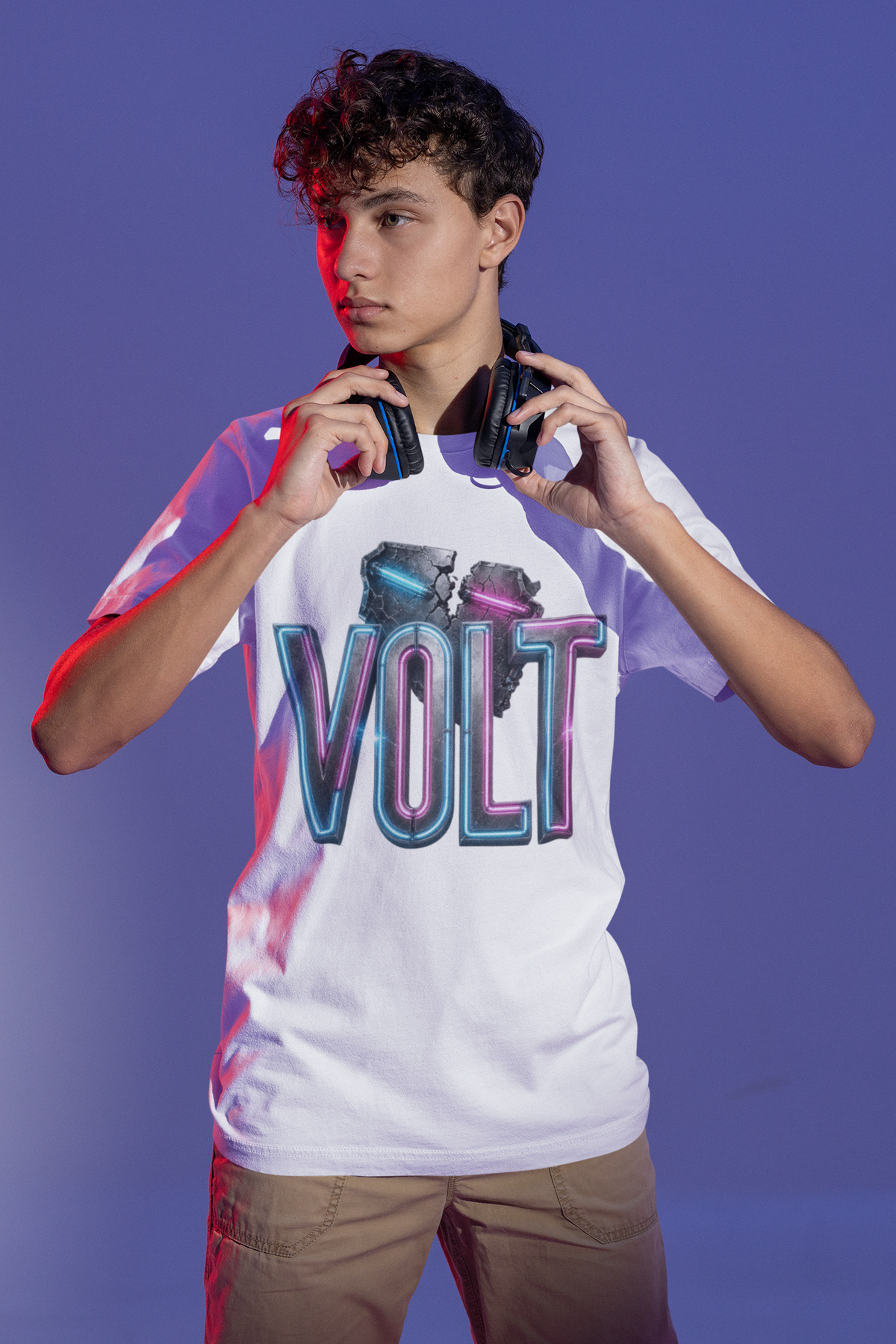 Volt neon gaming white graphic tee young gamer with headphones