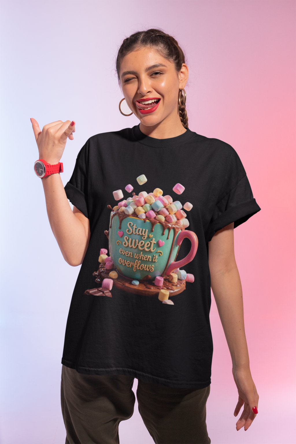 Stay Sweet Tee Black - woman doing surf hand sign