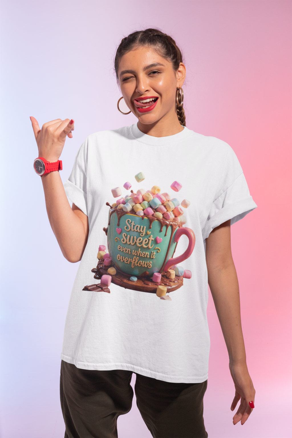 Stay Sweet Tee White - woman doing surf hand sign