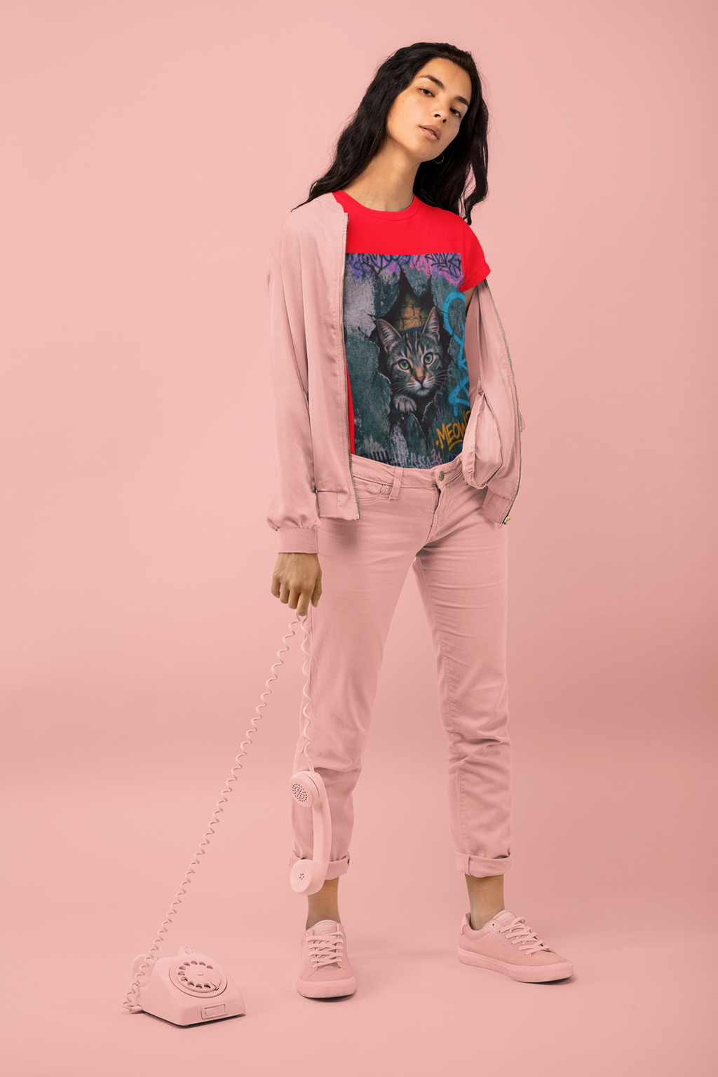 Graffiti Meow Tee Red - woman holding vintage telephone at studio