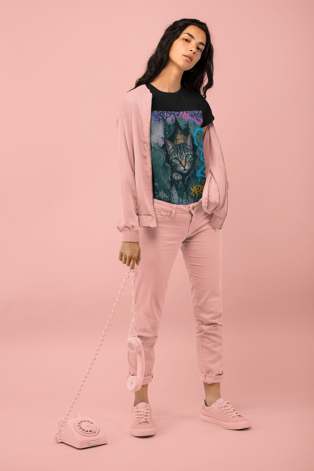 Graffiti Meow Tee Black - woman holding vintage telephone at studio