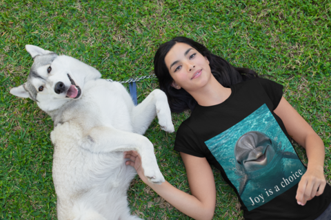Joy Is A Choice - Black tee woman with dog on grass