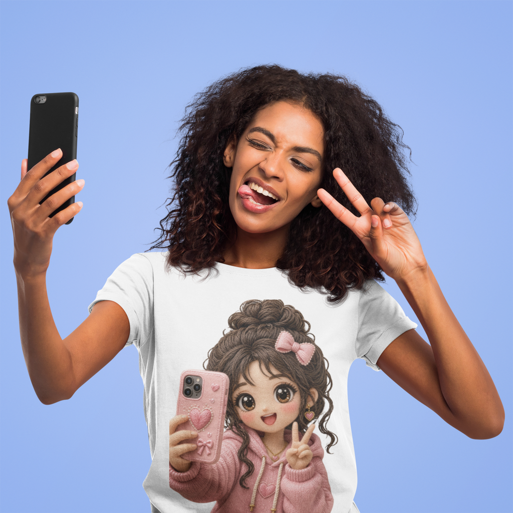 Selfie Queen Tee White - woman taking selfie in studio