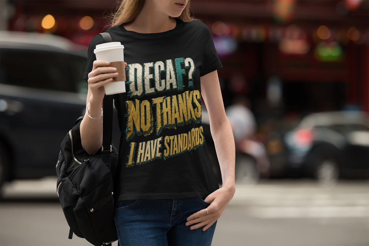 Decaf No Thanks tee - Black, woman on city street