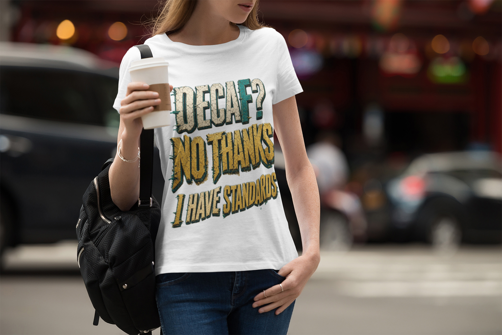 Decaf No Thanks tee - White, woman on city street