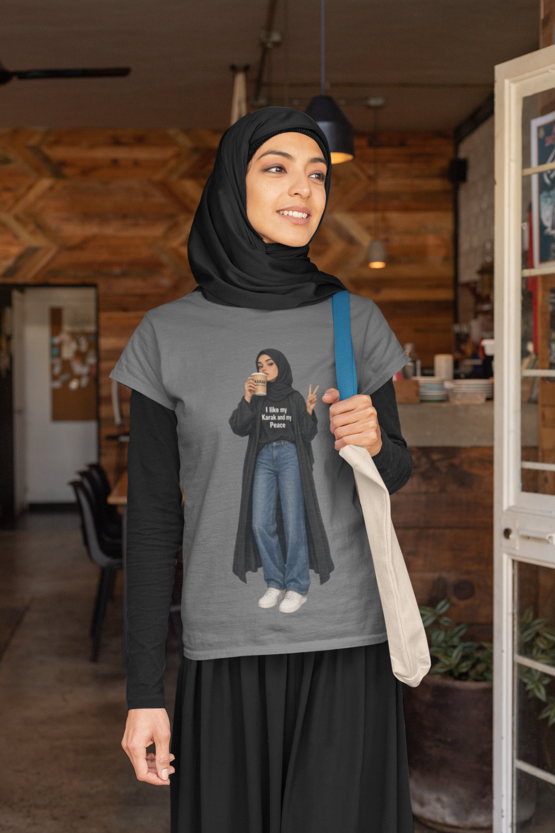 My Karak My Peace Tee Grey - woman with hijab holding purse