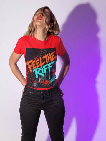 Feel The Riff - Woman in Red tee purple background
