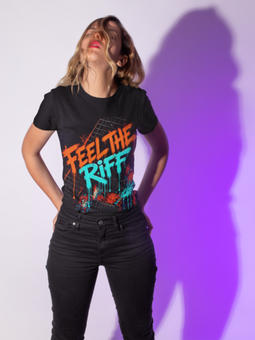 Feel The Riff - Woman in Black tee purple background