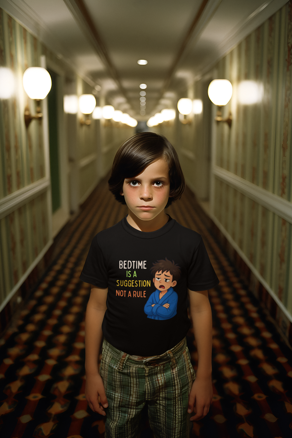 Mini Night Owl Tee Black - AI boy in hotel hallway