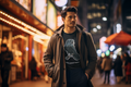 Man wearing The Crow Already Knows graphic tee on city street at night