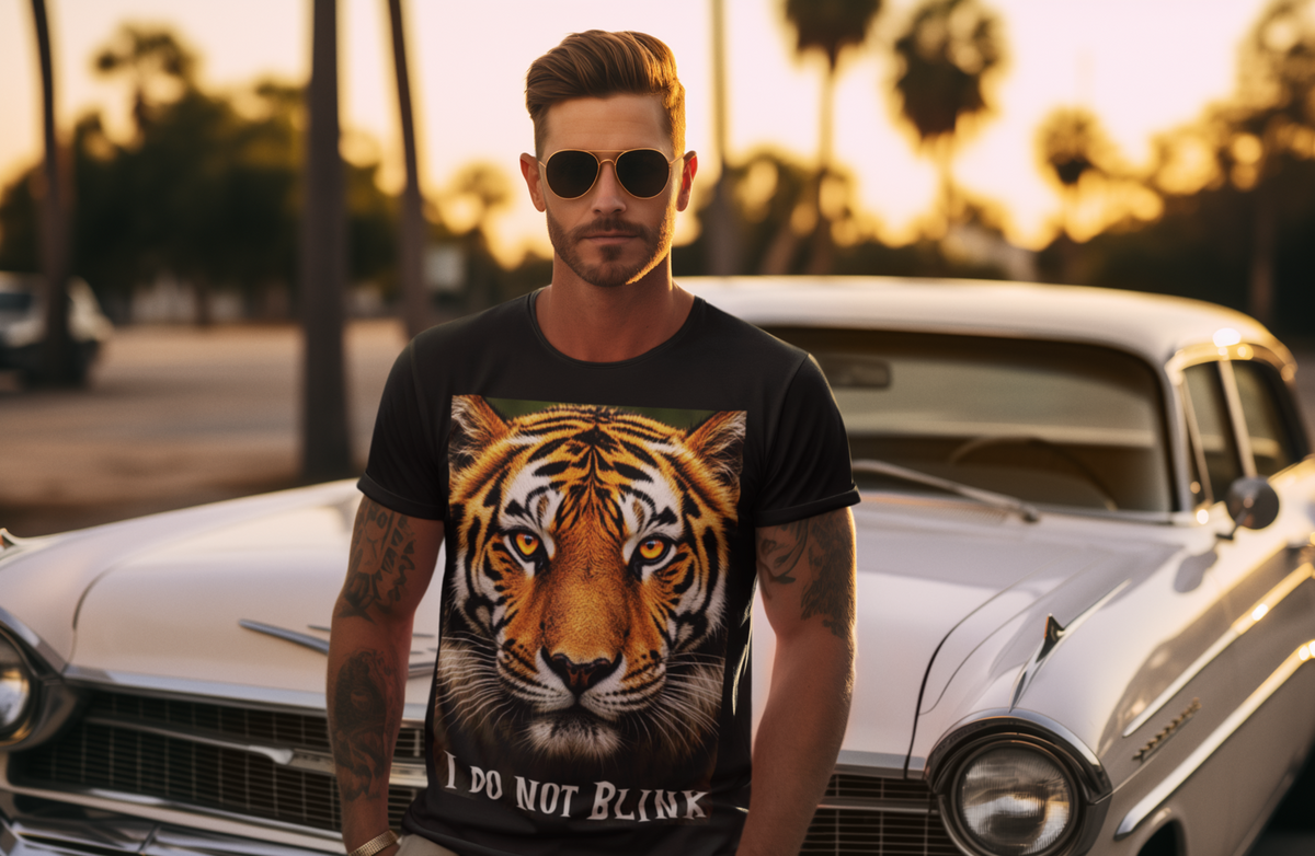 I Do Not Blink - Black tee on man classic car