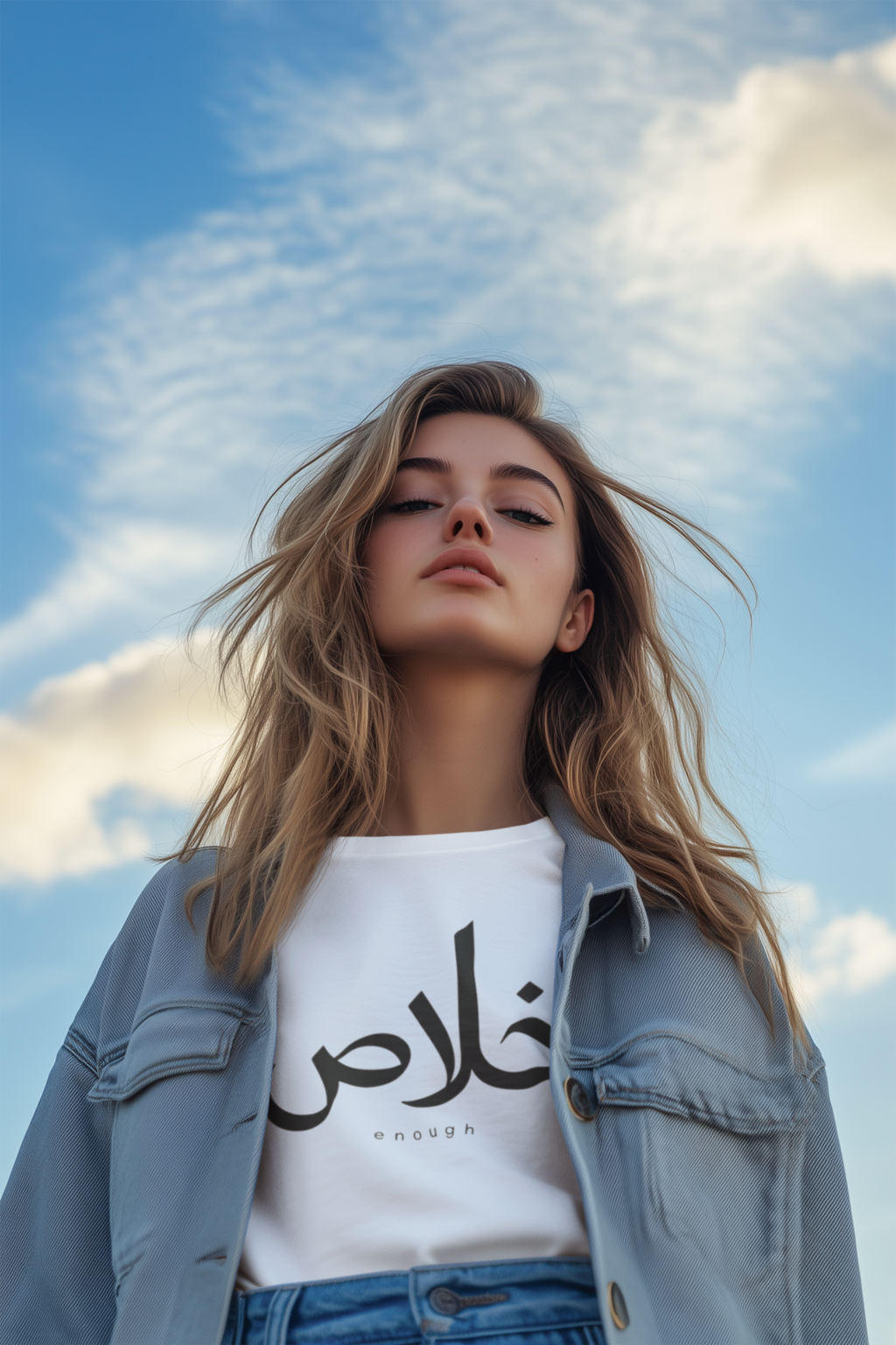 خلاص Enough tee - White, woman against sky background