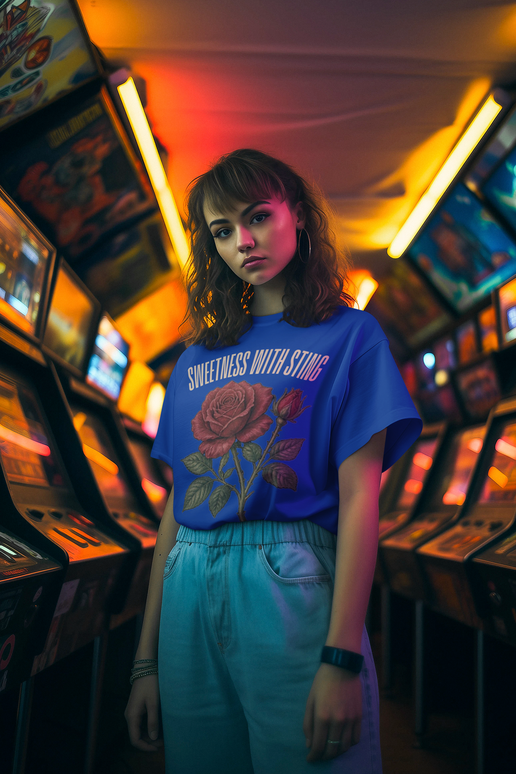 Sweetness With Sting Tee - Blue, woman arcade