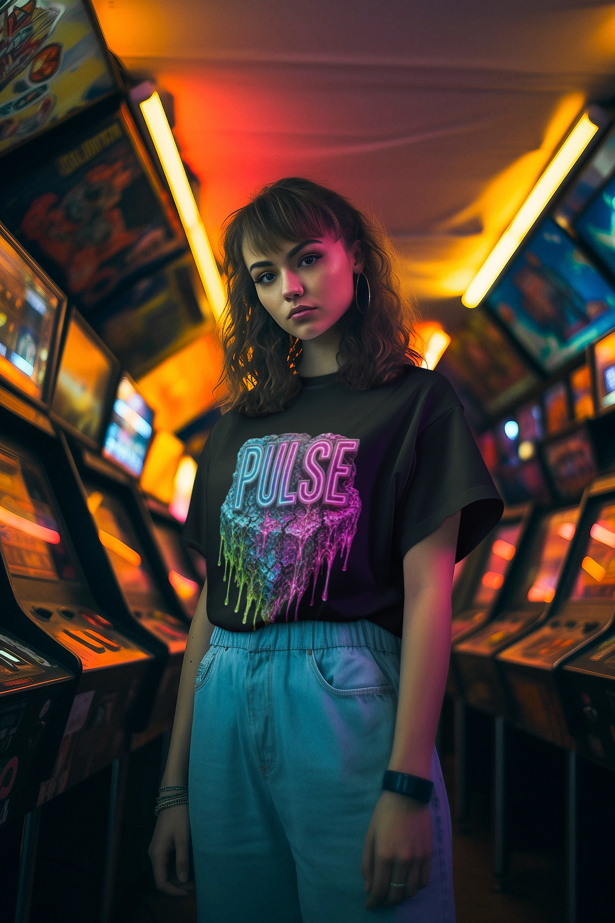 Pulse neon drip black women's graphic tee woman in retro arcade