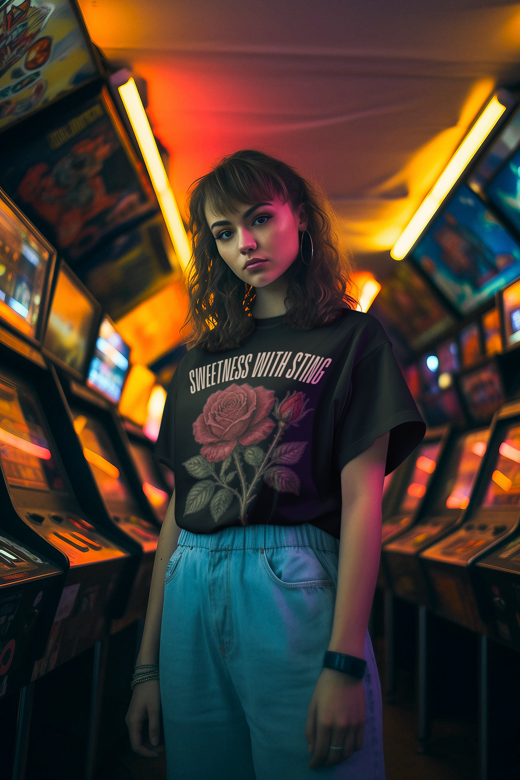 Sweetness With Sting Tee - Black, woman arcade