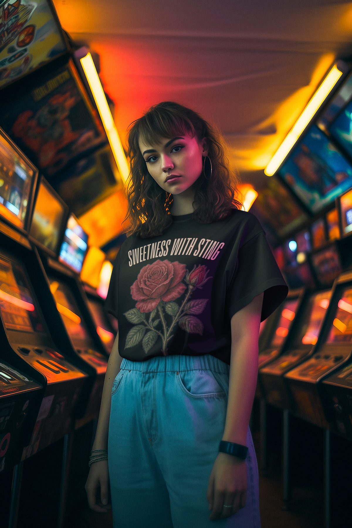 Sweetness With Sting Tee - Black, woman arcade