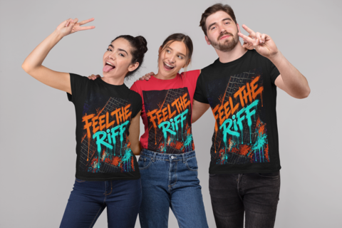 Feel The Riff - Three friends in Black and Red tees studio