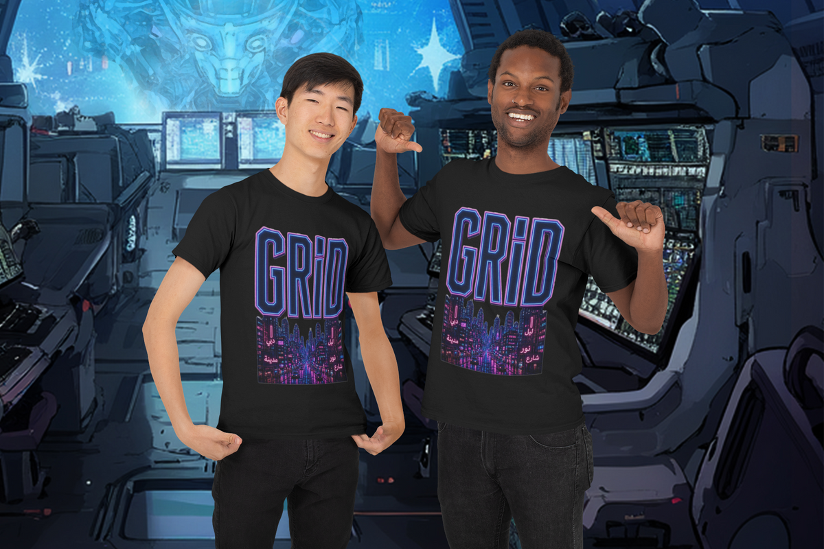 GRiD neon city black graphic tee two gamer friends at studio