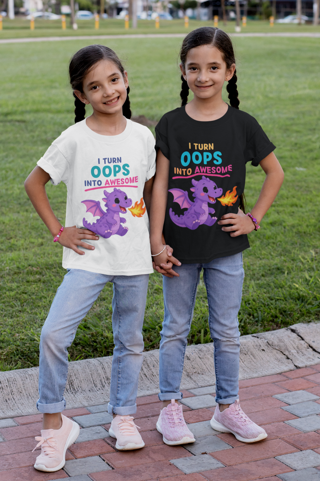 Mini Dragon Power Tee Black and White - twin girls at the park