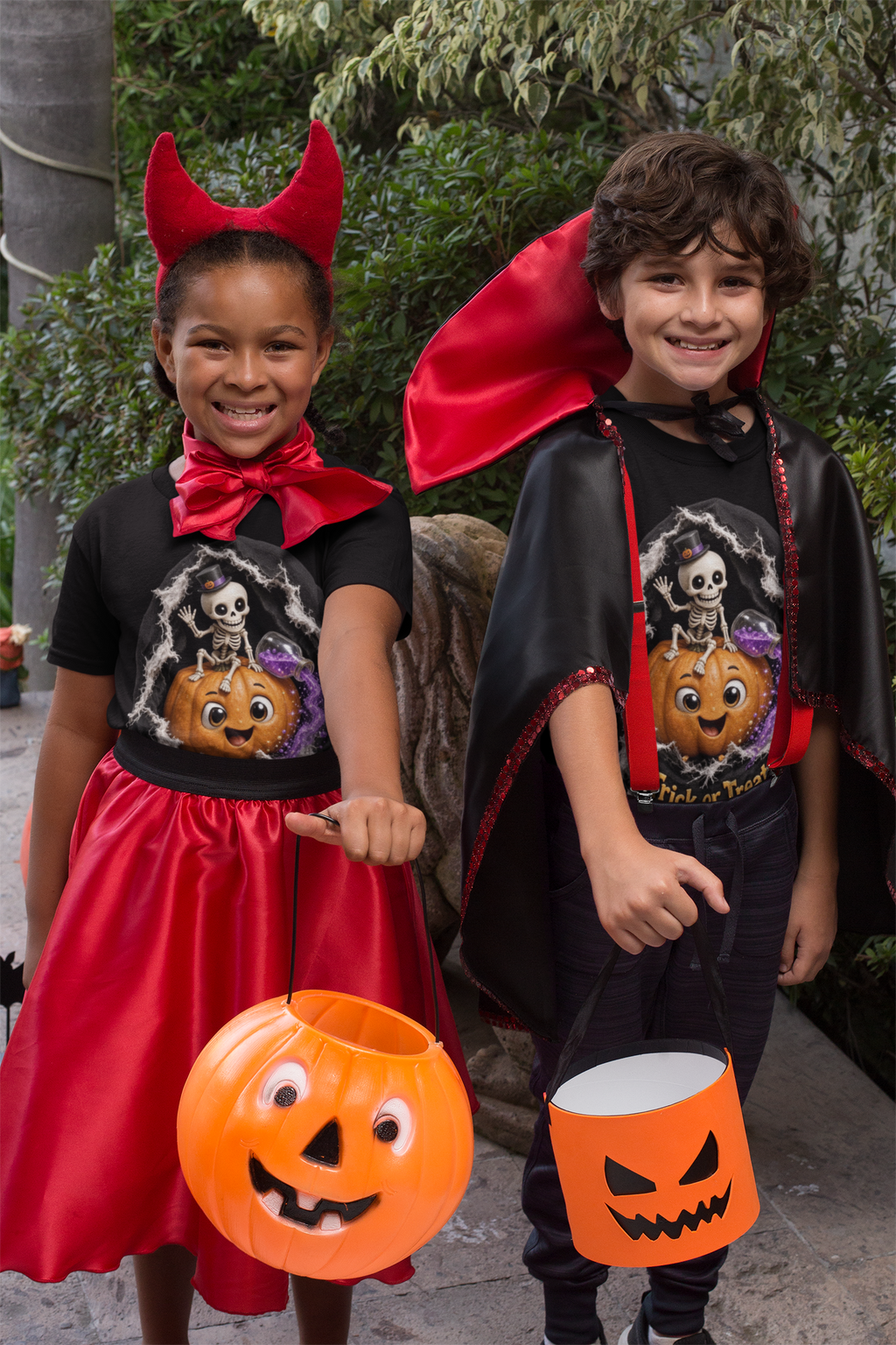 Trick or Treat Kids Halloween T-Shirt - two kids in Halloween costumes