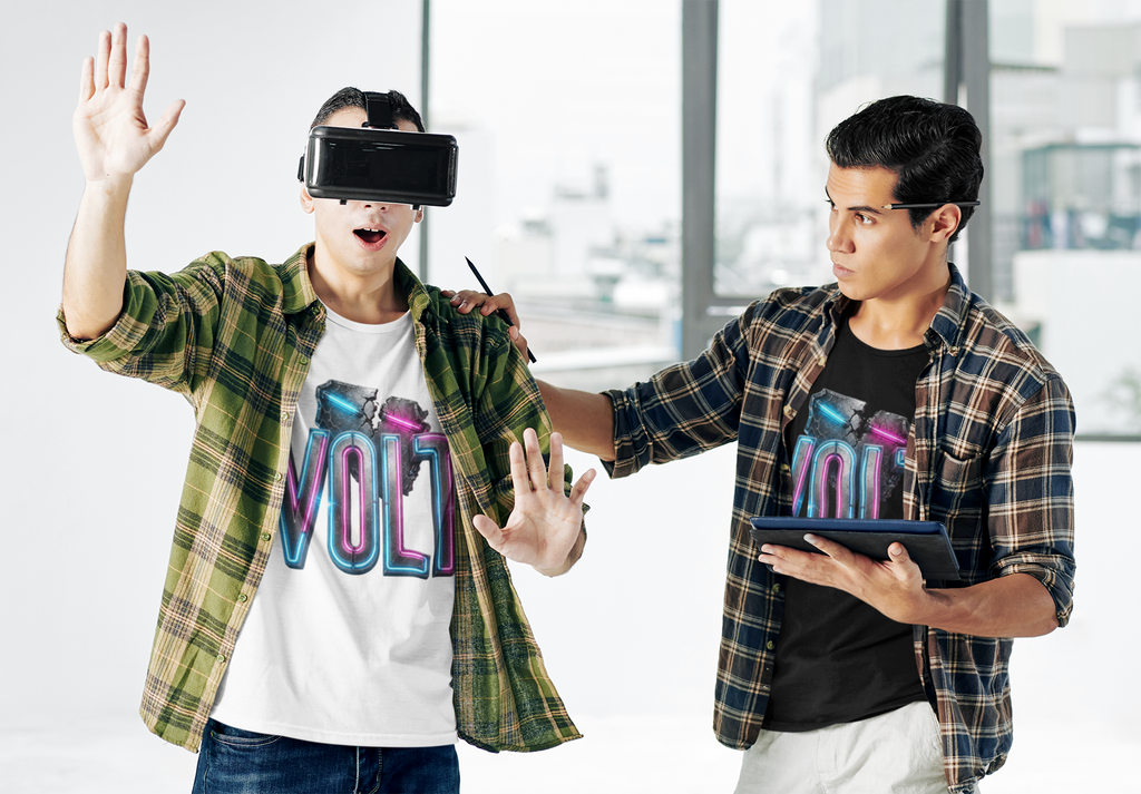 Volt neon gaming white graphic tee two young men trying out VR headset