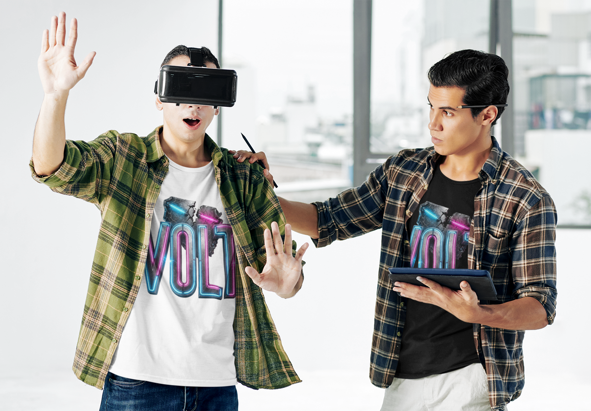 Volt neon gaming white graphic tee two young men trying out VR headset